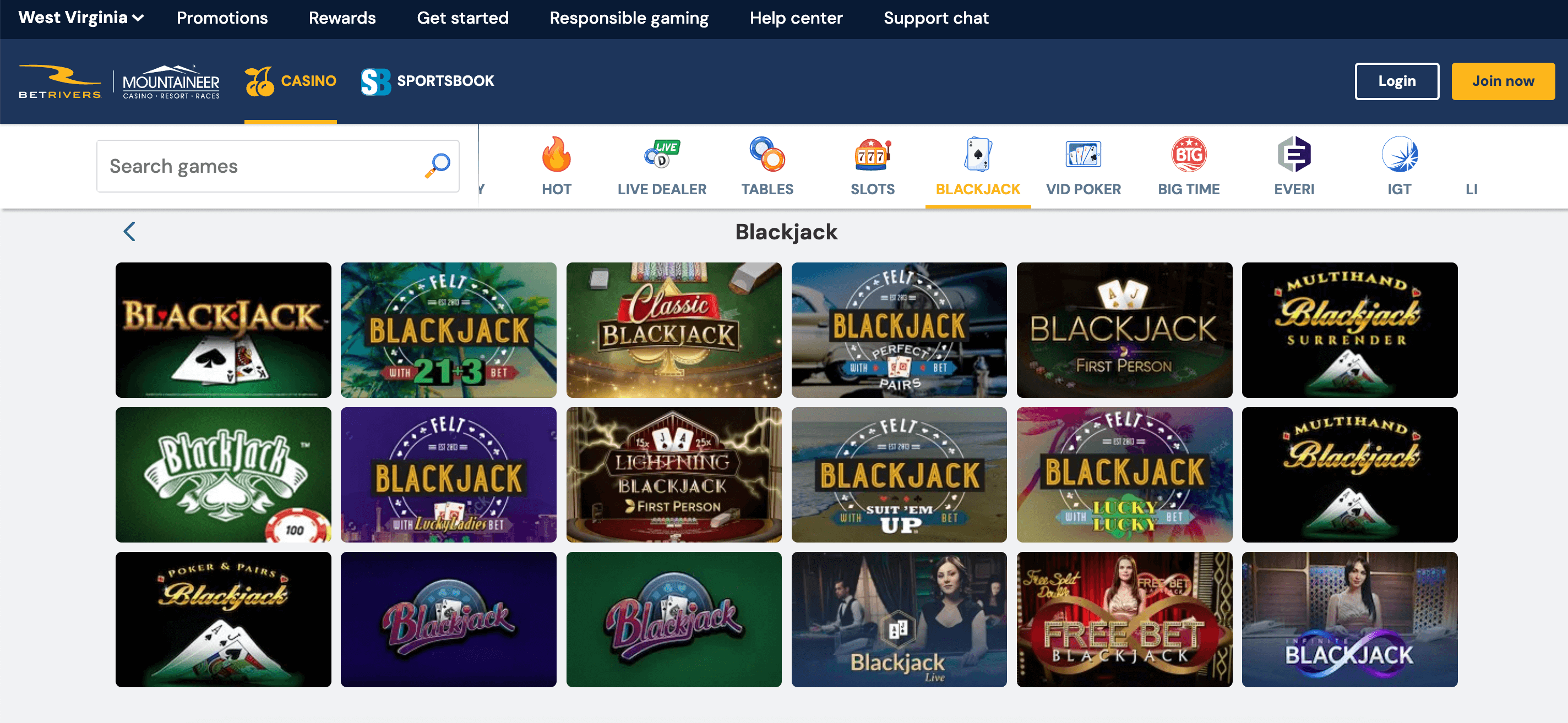 BetRivers WV Blackjack Titles